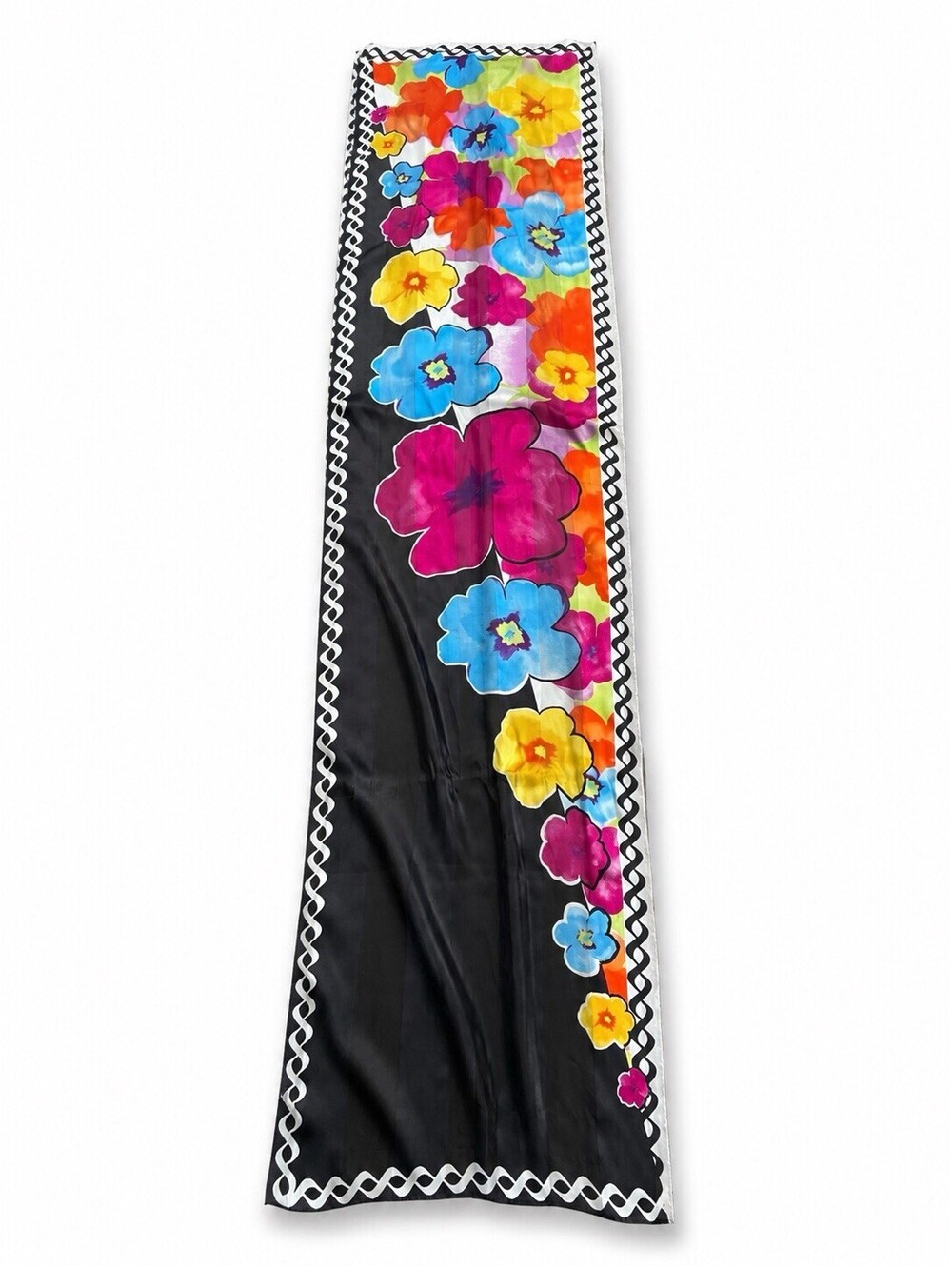 Women’s Long Skinny Scarf Black Multicolor Floral Print Lightweight 62X15